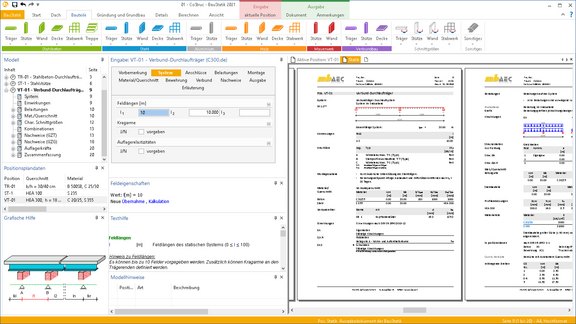 CoStruc | Dokument-orientierte Statik Programmoberfläche BauStatik. Gezeigt wird die Eingabe eines Verbunddurchlauf-Trägers mit dem CoStruc-Modul C300.de und die dazugehörigen Ausgaben.