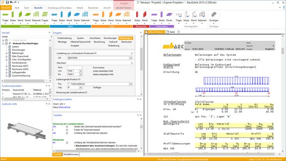 CoStruc | Lastabtrag und Übernahme mit Korrekturverfolgung Programmoberfläche BauStatik. Gezeigt wird die Eingabe der Belastungen und die dazugehörige Ausgabe.